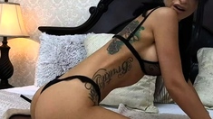 Busty curly brunette with big boobs fucks on couch