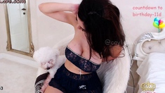 Busty curly brunette with big boobs fucks on couch