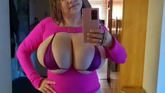 Busty curly brunette with big boobs fucks on couch