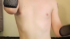 Solo crossdresser strokes cock