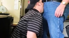 Daddy trucker dumps a quick load in Chubby Boy's mouth...