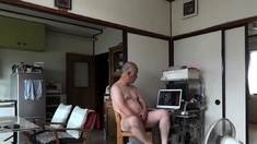 Japanese old man masturbation erect penis semen flows